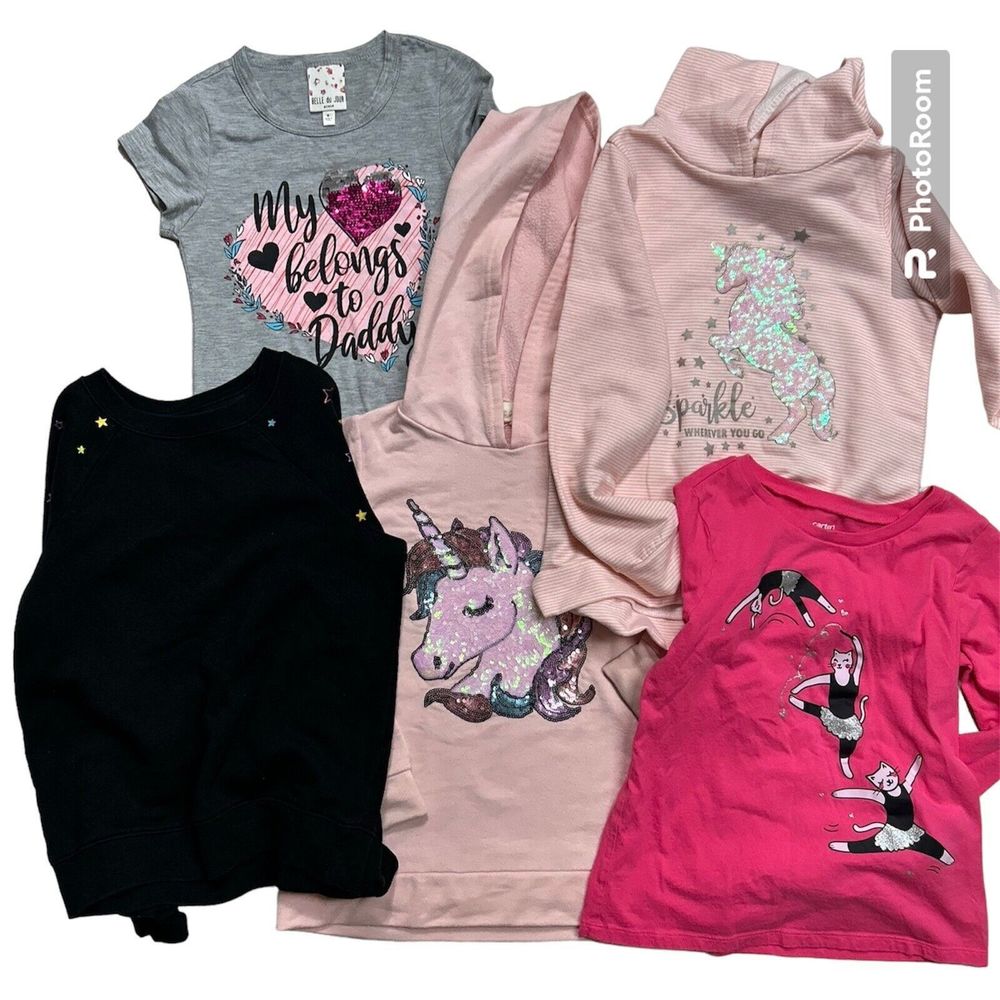 Girls Shirts Lot Sz 6-8 Long Sleeves Short Sequins Glitter Unicorn Ballerina